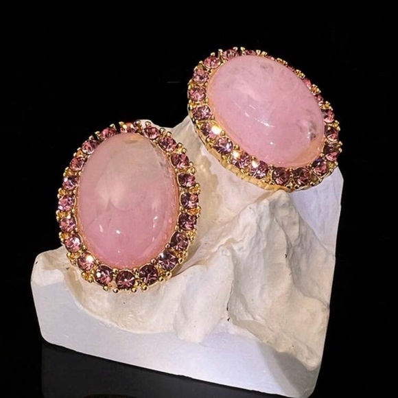 2/$30🌵 Gold Pink Cabochon Stone Crystal Earrings Ornate Vintage Style Gift NEW - Picture 3 of 10
